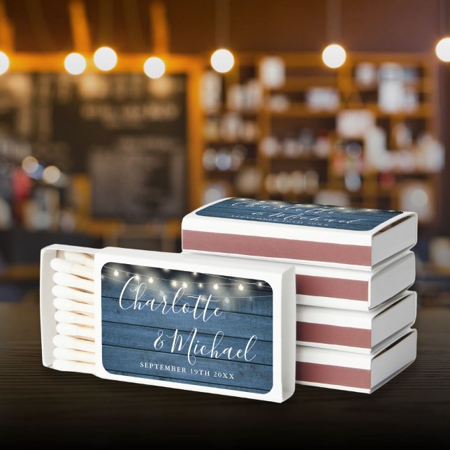 Blue Rustic String Lights Script Wedding Favors Matchboxes (Blue Rustic String Lights Script Wedding Favors Matchboxes)