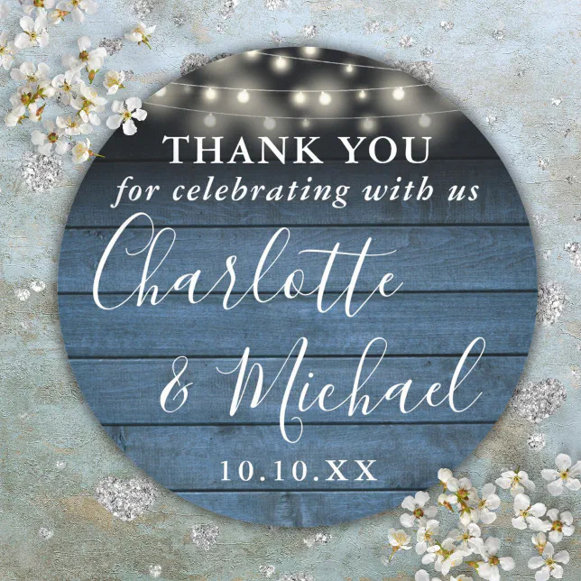 Blue Rustic String Lights Wedding Favor Thank You Classic Round Sticker ...