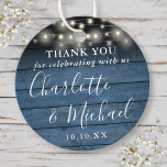 Blue Rustic String Lights Wedding Favor Thank You Favor Tags<br><div class="desc">Rustic signature script wedding favor thank you favor tag featuring pretty string lights and signature style names on a blue wood panels background. Personalize with your special thank you information in chic white typography. Designed by Thisisnotme©</div>