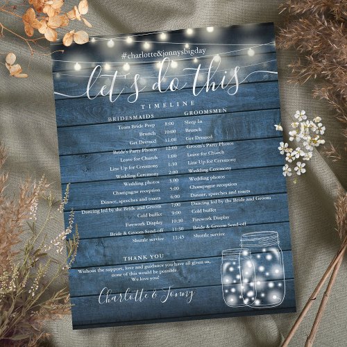 Blue Rustic String Lights Wedding Program Timeline