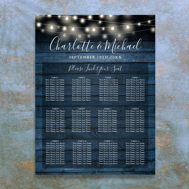Blue Rustic String Lights Wedding Seating Chart (Blue Rustic String Lights Wedding Seating Chart)