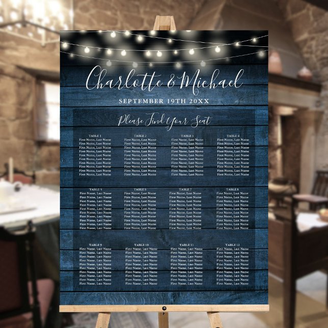 Blue Rustic String Lights Wedding Seating Chart Foam Board (Blue Rustic String Lights Wedding Seating Chart Foam Board)