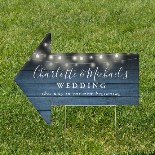 Blue Rustic String Lights Wedding This Way Arrow Sign