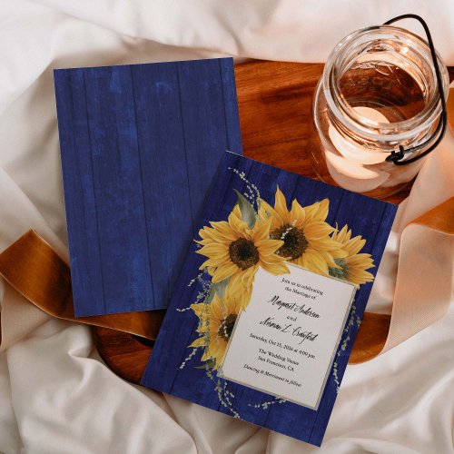 Blue Rustic Sunflower Themed Country Wedding Invitation