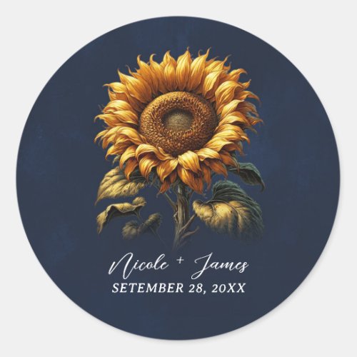 Blue Rustic Sunflower Wedding Bridal Shower  Classic Round Sticker