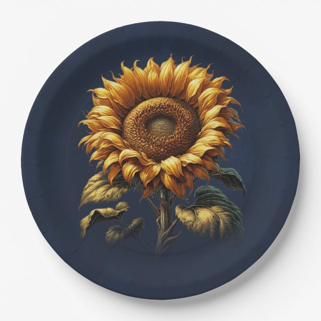 Blue Rustic Sunflower Wedding Bridal Shower  Paper Plates (Front)