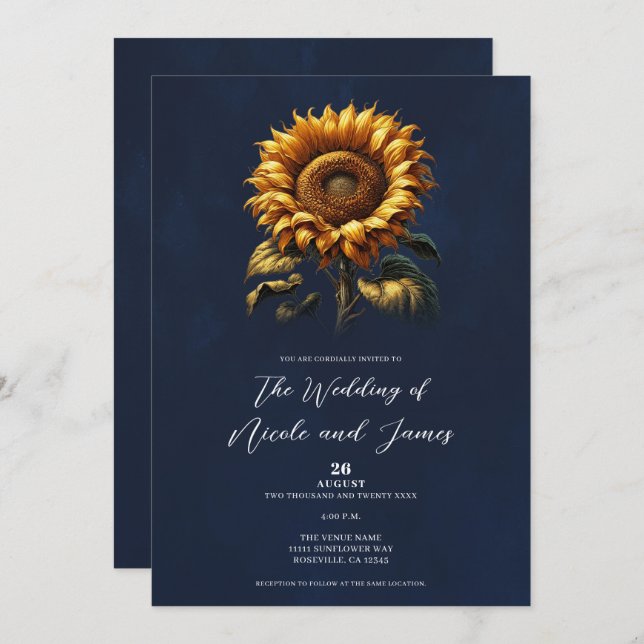Blue Rustic Sunflower Wedding  Invitation (Front/Back)