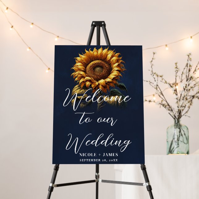 Blue Rustic Sunflower Wedding Welcome Sign (In Situ (Stand))
