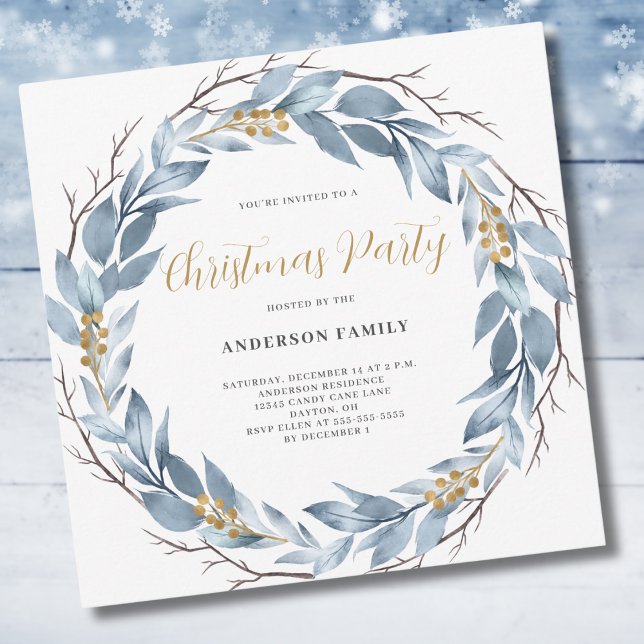 Blue Rustic Watercolor Christmas Party  Invitation (Creator Uploaded)