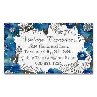 Blue Rustic Watercolor Floral Pattern Business Card Magnet