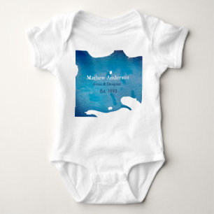 Blue rustic watercolor jeans texture add name titl baby bodysuit