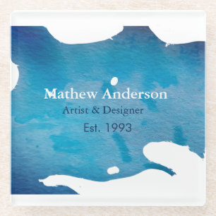 Blue rustic watercolor jeans texture add name titl glass coaster