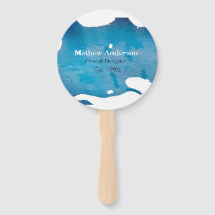 Blue rustic watercolor jeans texture add name titl hand fan