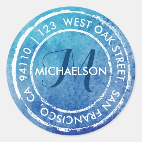 Blue Rustic Watercolor Monogram  Round Address Classic Round Sticker