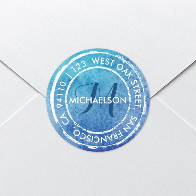 Blue Rustic Watercolor Monogram | Round Address Classic Round Sticker (Creator Uploaded)