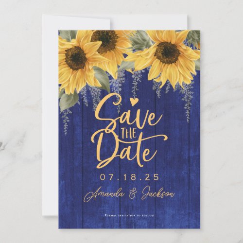 Blue rustic watercolor sunflower wedding save the  save the date