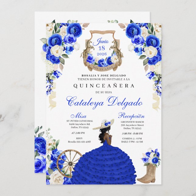 Blue Rustic Western Charro Princess Quinceañera Invitation (Front/Back)
