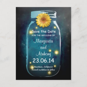Blue Rustic Whimsical Mason Jar Save the Date Announcement Postcard