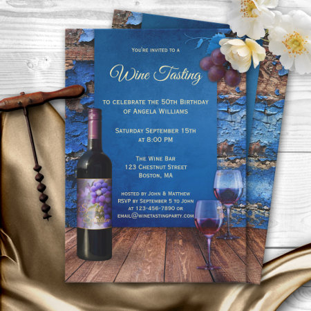 Blue Rustic Wine Tasting Party Invitation