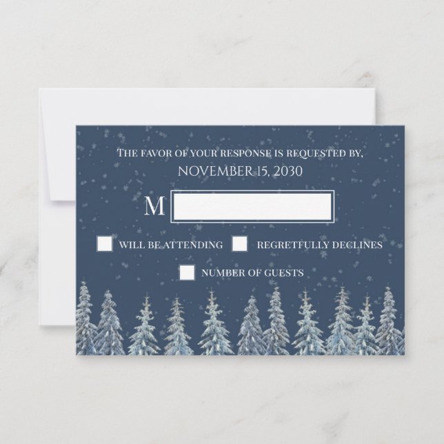 Blue Rustic Winter Forest Wedding RSVP Card (Front)