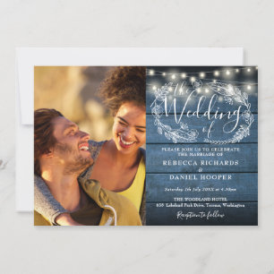 Blue Rustic Wood 2 Photo String Lights Wedding Invitation