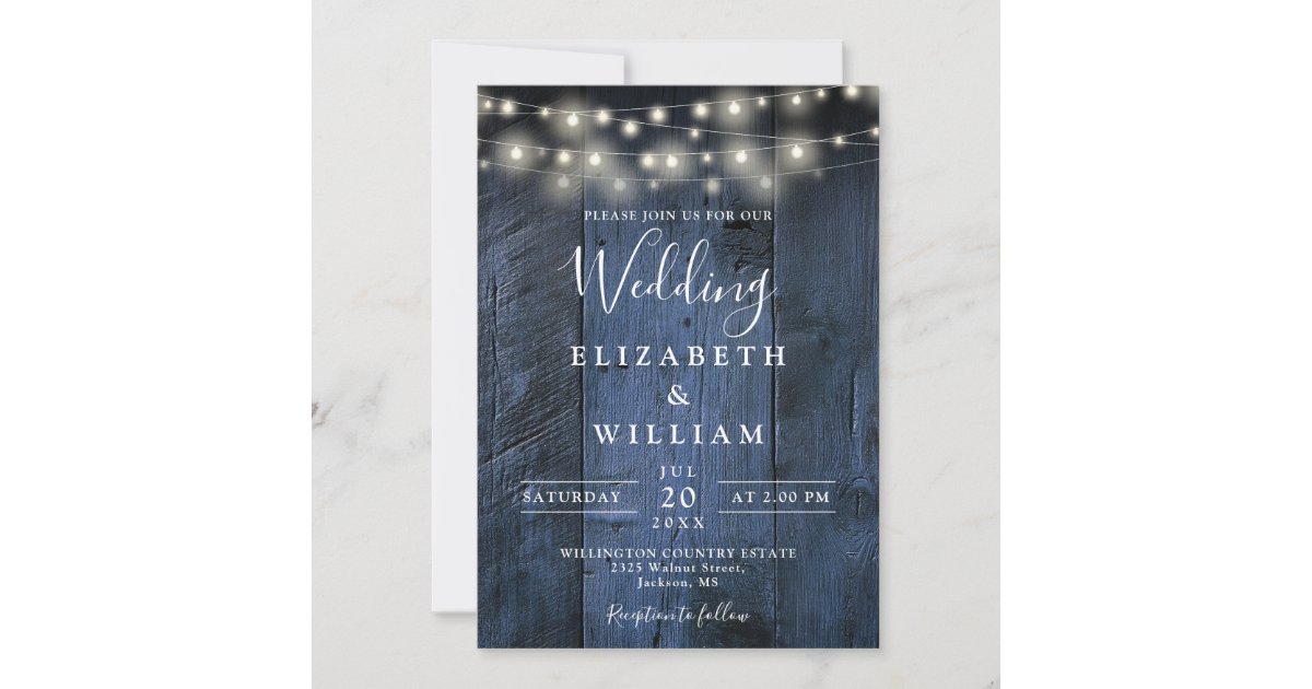 Blue Rustic Wood All In One String Lights Wedding Invitation | Zazzle