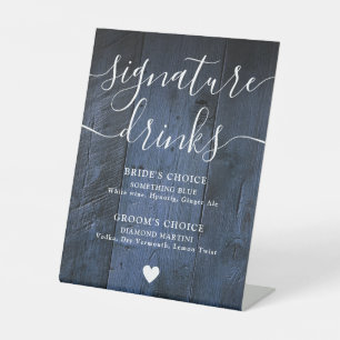 Blue Rustic Wood Boho Barn Signature Drinks Pedestal Sign