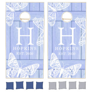 Blue Rustic Wood Butterfly Monogram Cornhole Set