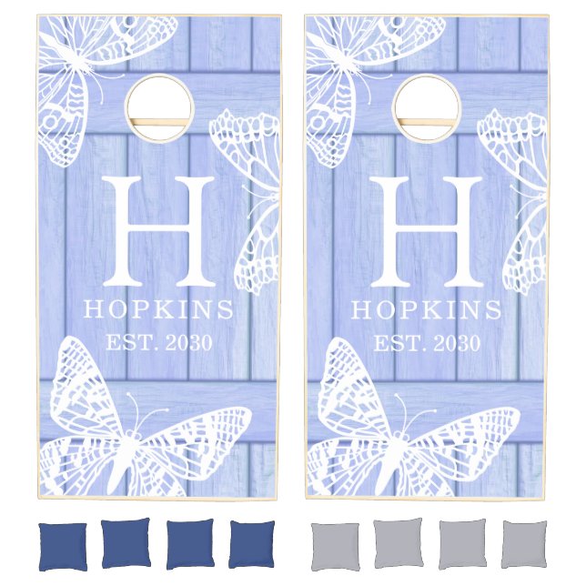 Blue Rustic Wood Butterfly Monogram Cornhole Set (Set)