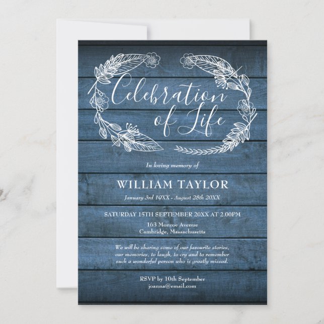 Blue Rustic Wood Celebration of Life Funeral Invitation (Front)