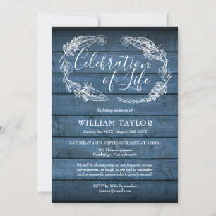 Blue Rustic Wood Celebration of Life Funeral Invitation
