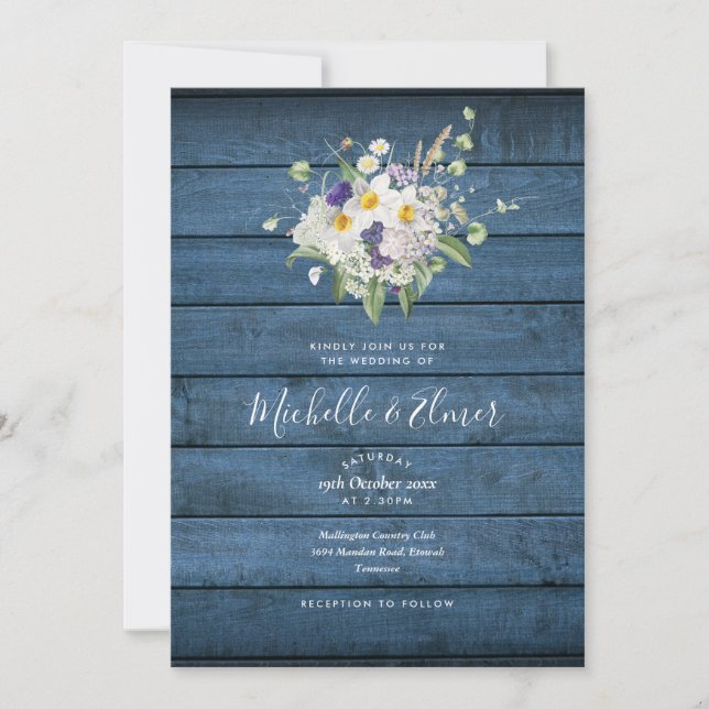 Blue Rustic Wood Country Floral Wedding Invitation (Front)