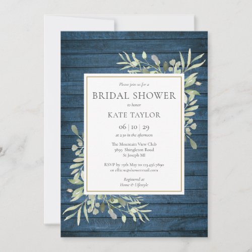Blue Rustic Wood Country Greenery Bridal Shower Invitation
