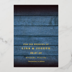 Blue Rustic Wood Country Script Save the Date Foil Invitation