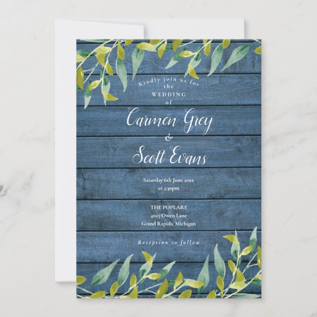 Blue Rustic Wood Eucalyptus Greenery Wedding Invitation (Front)