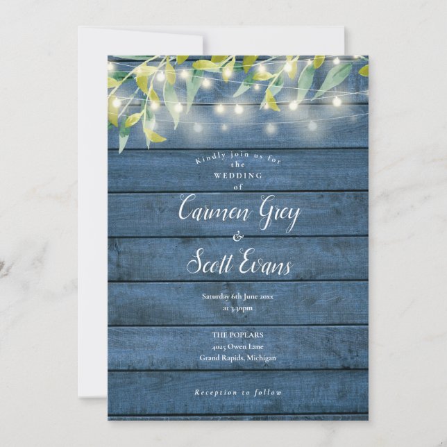 Blue Rustic Wood Eucalyptus String Lights Wedding Invitation (Front)