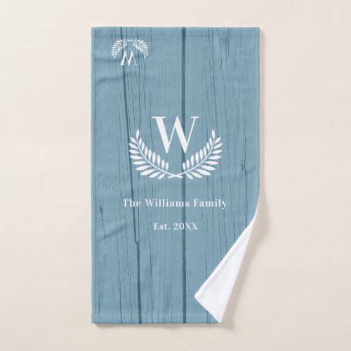 Blue rustic wood family monogram initial white bath towel set