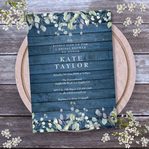 Blue Rustic Wood Floral Bridal Shower Invitation