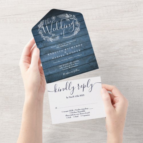 Blue Rustic Wood Floral Garland Monogram Wedding All In One Invitation