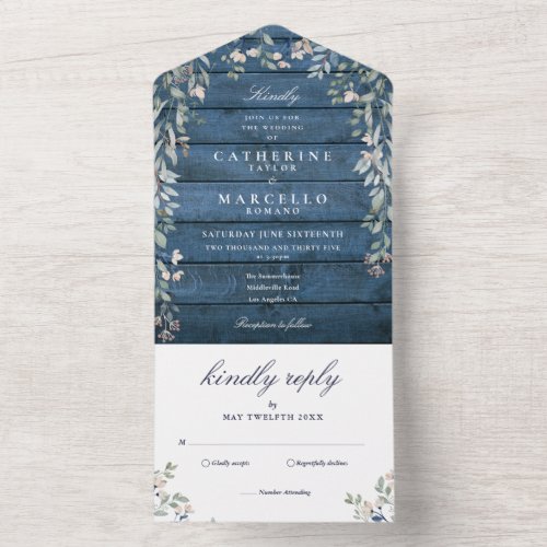 Blue Rustic Wood Floral Greenery Cascade Wedding A All In One Invitation