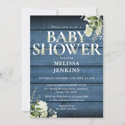 Blue Rustic Wood  Floral Letter Baby Shower Invitation