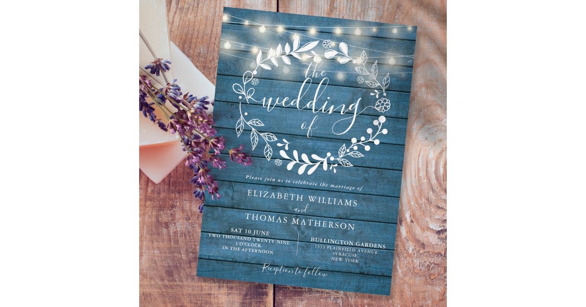 Blue Rustic Wood Floral String Lights Wedding Invitation | Zazzle