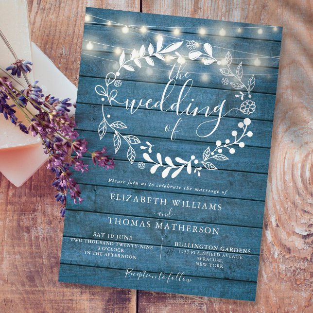 Blue Rustic Wood Floral String Lights Wedding Invitation (Creator Uploaded)