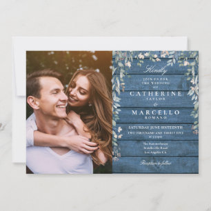 Blue Rustic Wood Floral Wildflowers Photo Wedding Invitation