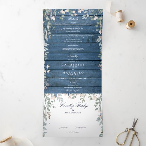 Blue Rustic Wood Floral Wildflowers Photo Wedding Tri_Fold Invitation