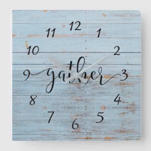 Blue Rustic Wood Gather Farmhouse Rustic Square Wall Clock