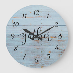 Blue Rustic Wood Gather Farmhouse Vintage Large Clock
