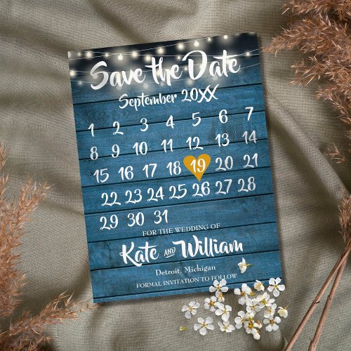 Blue Rustic Wood Gold Heart Calendar Save the Date Announcement Postcard