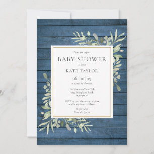 Blue Rustic Wood Greenery Baby Shower Invitation