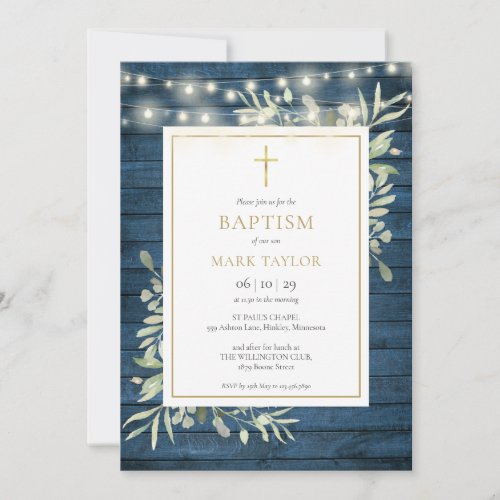 Blue Rustic Wood Greenery Baptism Christening Invitation